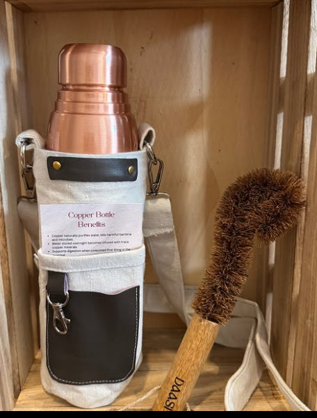 Copper Bottle Set (Canvas Sling Bag, Copper Water Bottle & Natural Coir Cleaning Brush)