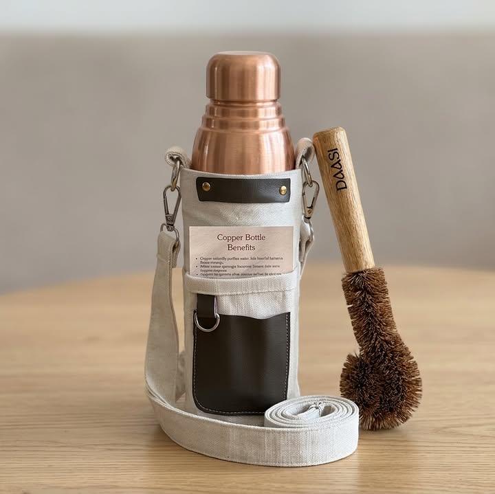 Copper Bottle Set (Canvas Sling Bag, Copper Water Bottle & Natural Coir Cleaning Brush)